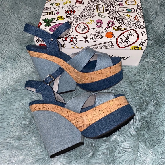 New Jeffrey Campbell Denim Wedge Platform Sandals - Picture 3 of 7